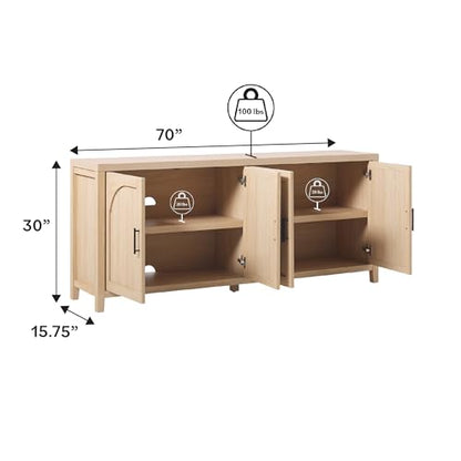 Sasha 4-Door Reeded Sideboard Buffet with Cord Management, 70 Inch, Coastal Oak