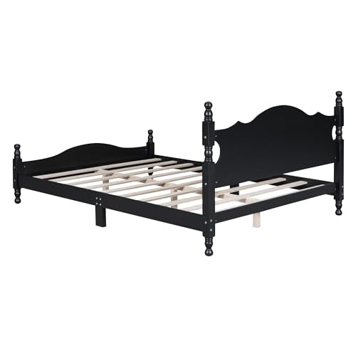 JIVOIT Retro Style Platform Bed with Headboard and Footboard, Queen Size Wood Platform Bed Frame with Wooden Slat Support, Solid Wood Foundation, No Box Spring Required (Black,Queen,5)