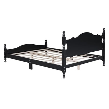 JIVOIT Retro Style Platform Bed with Headboard and Footboard, Queen Size Wood Platform Bed Frame with Wooden Slat Support, Solid Wood Foundation, No Box Spring Required (Black,Queen,5)