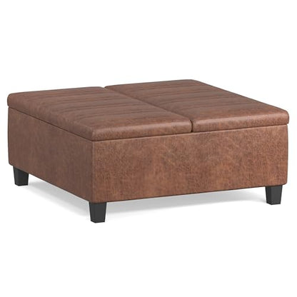 Ellis 36 inch Wide Contemporary Square Coffee Table Storage Ottoman in Distressed Saddle Brown Vegan Faux Leather, Assembled, For the Living Room and Bedroom