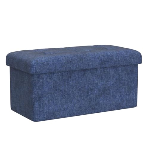 Folding Storage Ottoman, 30 Inch Large Storage Bench with Lid, Foot Rest Stool for Bedroom, Living Room, Entryway, Tufted Linen Upholstered - Navy Blue