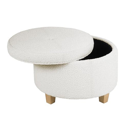 24" Large Round Storage Ottoman - Cream Boucle