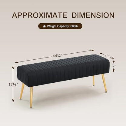 44 Inch Bedroom Ottoman Bench, Black Upholstered End of Bed Bench with Gold Legs for Living Room Bedroom Dinning Room Entryway, Black