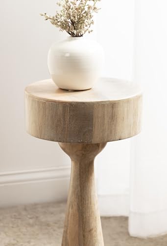 Solbrett Transitional Sophisticated Round Drink Table; 10 x 10 x 22; Natural Wood; Sculptural Bedroom Nightstand with Unique Pedestal Table Design for Use as Indoor Plant Stand