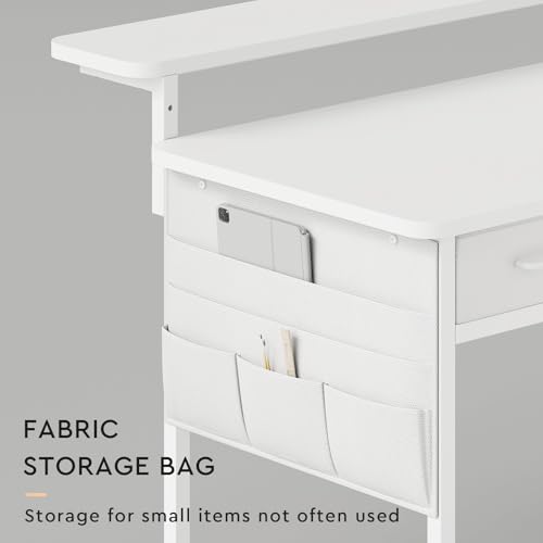 Small desk with Drawers, 31.5X15.8-22.9 Inches Office Computer Desk with Side Pocket & Ergonomic Adjustable Monitor Stand, Writing Table for Small Spaces, Kids desk, vanity desk Bedroom, White