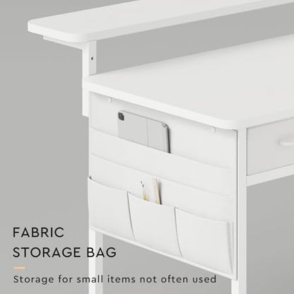 Small desk with Drawers, 31.5X15.8-22.9 Inches Office Computer Desk with Side Pocket & Ergonomic Adjustable Monitor Stand, Writing Table for Small Spaces, Kids desk, vanity desk Bedroom, White