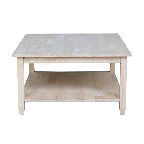 Solano Square Coffee Table, Solid Real Wood, Sturdy Parawood, Living Room/Family Room/Entryway, 32"W x 32"D x 18"H with Shelf, Paint/Stain Ready, Unfinished