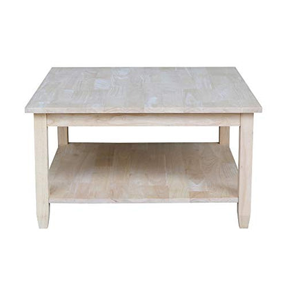 Solano Square Coffee Table, Solid Real Wood, Sturdy Parawood, Living Room/Family Room/Entryway, 32"W x 32"D x 18"H with Shelf, Paint/Stain Ready, Unfinished