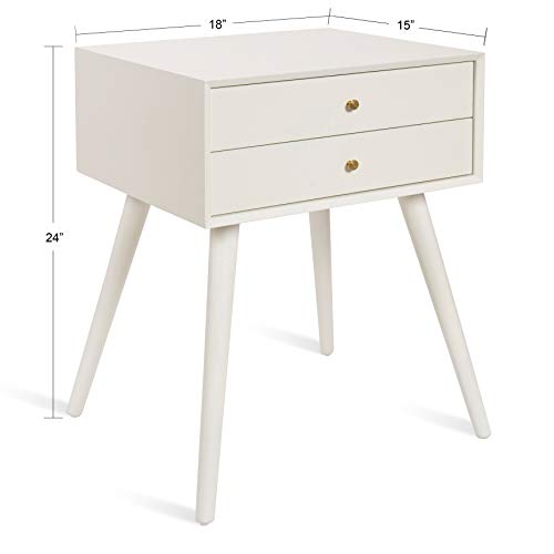 Finco Midcentury Modern Style Side Table with 2 Drawers, White Finish with Brass Hardware