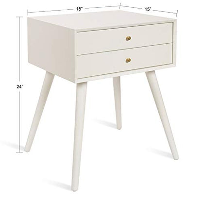 Finco Midcentury Modern Style Side Table with 2 Drawers, White Finish with Brass Hardware