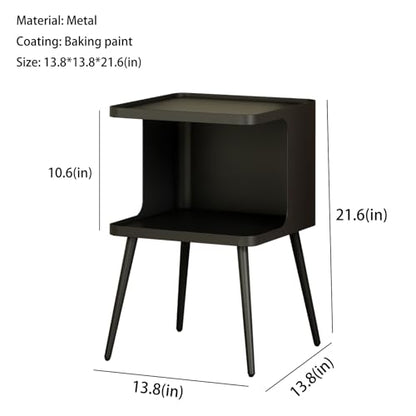 Modern Metal Side Table Nightstand, Small Square End Table for Bedroom & Living Room, Matte Black Bedside Table with Storage, Minimalist Accent Table for Small Spaces