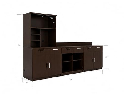 3-Door Breakroom Hutch Cabinet with Microwave Space, Commercial Office Kitchenette Storage, Fully Assembled, 108" W x 24" D x 75" H, Appliances Not Included
