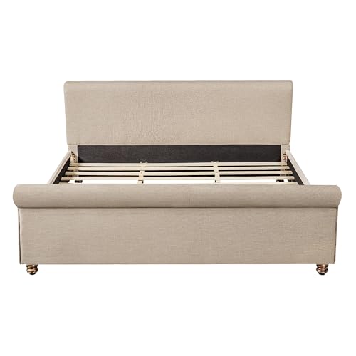 King Size Upholstered Bed Frame with Linen Fabric, view 5