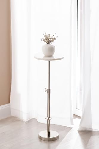 Engles Traditional Adjustable-Height Pedestal Drink Table; 10 x 10 x 30; White Marble and Silver Chrome; Vintage Round Indoor Metal Plant Stand with Authentic Marble Tabletop