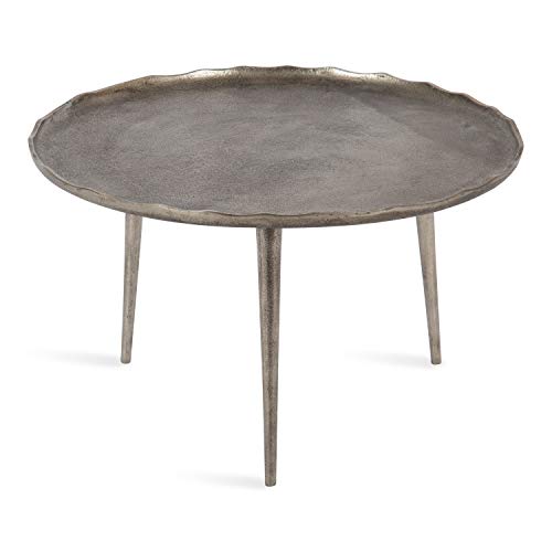 Alessia Modern Round Metal Coffee Table, 26 x 26 x 16, Silver, Sand Cast Aluminum Coffee Table with Raised Deckled Edge for Storage and Display