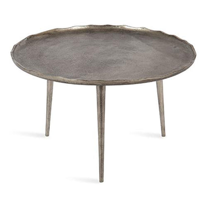 Alessia Modern Round Metal Coffee Table, 26 x 26 x 16, Silver, Sand Cast Aluminum Coffee Table with Raised Deckled Edge for Storage and Display