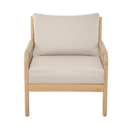 Casper Acacia Wood Lounge Chair Outdoor with Removable Cushion, Wooden Patio Accent Chair with Woven Rope Details, Outdoor Armchair for Patio Furniture Set, Light Teak+Beige