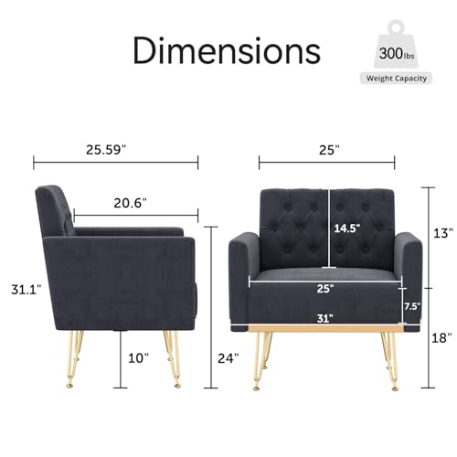 Accent Chair with Arm for Living Room, Velvet Modern Armchair Single Sofa Cozy Tufted Upholstered Reading Side Chairs with Gold Metal Leg for Bedroom Decorate