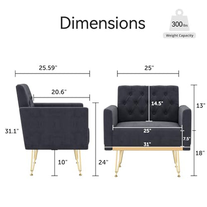 Accent Chair with Arm for Living Room, Velvet Modern Armchair Single Sofa Cozy Tufted Upholstered Reading Side Chairs with Gold Metal Leg for Bedroom Decorate