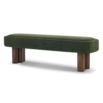 60.04" Green Upholstered Dining Bench with Walnut-Finished Rubberwood Legs – Fabric Seating Bench for Kitchen, Dining Room, Living Space, Supports 250 lbs