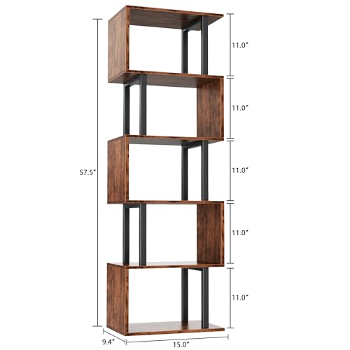 6 Tier Bookshelf, S Shaped Geometric Bookcase, Rustic Brown, view 4