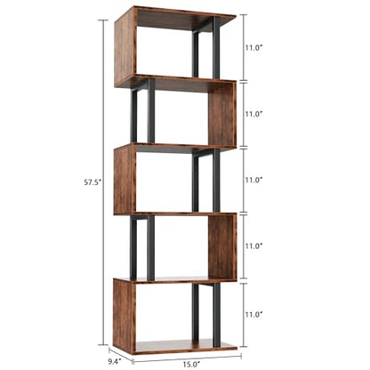 6 Tier Bookshelf, S Shaped Geometric Bookcase, Rustic Brown, view 4