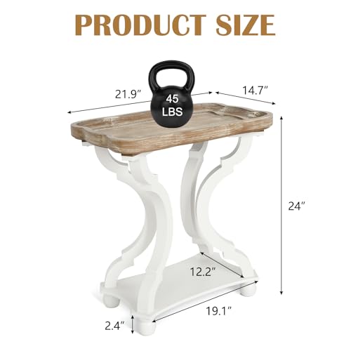 Farmhouse Side Table - Rustic End Table with an Open Shelf & Raised Edge, Accent Table with Distressed White Finish and Solid Wood Legs - Perfect for Living Room, Bedroom, Entryway, White