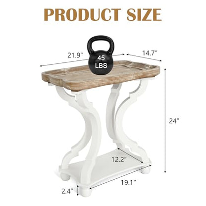 Farmhouse Side Table - Rustic End Table with an Open Shelf & Raised Edge, Accent Table with Distressed White Finish and Solid Wood Legs - Perfect for Living Room, Bedroom, Entryway, White