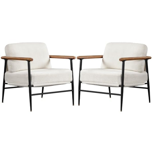 Yaheetech Accent Chairs Set of 2, Modern Living Room Chairs, Ivory | Boucle Fabric Lounge Chair with Metal Frame, Plush Back Pillow and Seat Cushion for Living Room Bedroom Vanity Waiting Room