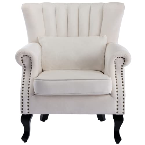 Mid-Century Modern Accent Chair Comfy Single Sofa Chair Channel Back Armchair with Small Pillow for Living Roon Bedroom Club - Velvet, Cream