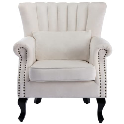 Mid-Century Modern Accent Chair Comfy Single Sofa Chair Channel Back Armchair with Small Pillow for Living Roon Bedroom Club - Velvet, Cream