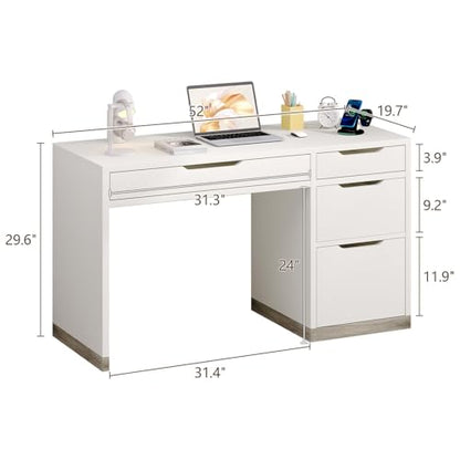 White Desk with 4 Drawers, 52 Inch Modern Computer Desk with Storage for Bedroom, Home Office Writing Desk for Small Spaces, Minimalist White Writing Desk