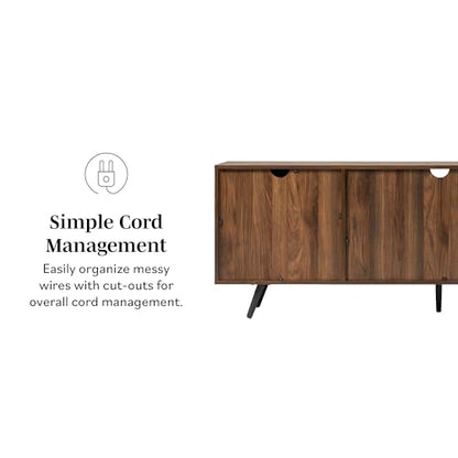 Saxon Mid Century Modern 2 Door Glass Shelf TV Stand for TVs up to 80 Inches, 70 Inch, Dark Walnut