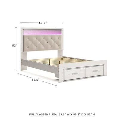 Signature Design by Ashley Altyra Contemporary Adjustable Tufted Queen Upholstered Storage Platform Bed with LED Lights and 2 Drawers, Foundation or Box Spring Not Needed, White & Gray