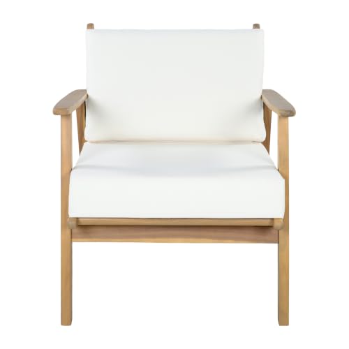 Arber Acacia Wood Lounge Chair Outdoor with Removable Cushion, Solid Wood Patio Accent Chair with Cushion, Patio Furniture Set Sofa Chair, Beige+Light Teak