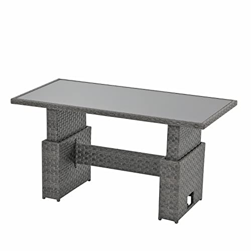 Outdoor Patio Lift Dining Table, Rectangle Patio Coffee Table with Glass Tabletop, Wicker Furniture Multi-Function Dining Table for Backyard, Deck, Garden, Grey