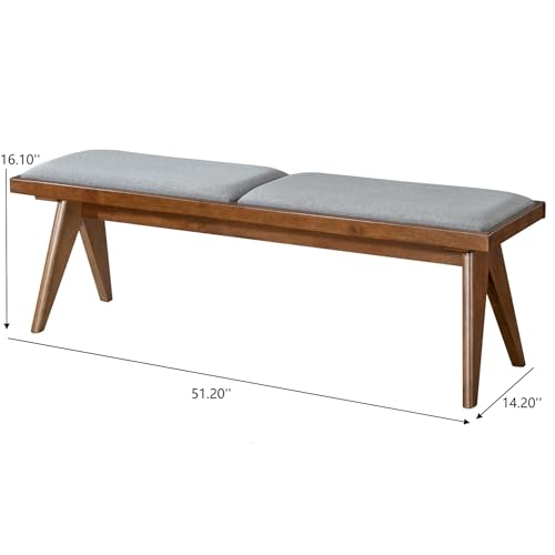 Solid Wood Bench with Grey Fabric Upholstery and Walnut Colored Legs, 51.18 x 14.17 inches