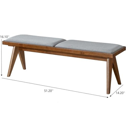 Solid Wood Bench with Grey Fabric Upholstery and Walnut Colored Legs, 51.18 x 14.17 inches