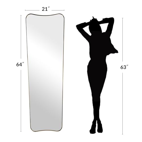 Full Length Mirror 21" x 64", Gold Decorative Full Body Mirror with Stainless Steel Thin Frame, Italian Curved Edge Design, Wall Mount or Leaning for Bedroom, Cloakroom, Living Room
