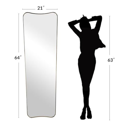 Full Length Mirror 21" x 64", Gold Decorative Full Body Mirror with Stainless Steel Thin Frame, Italian Curved Edge Design, Wall Mount or Leaning for Bedroom, Cloakroom, Living Room