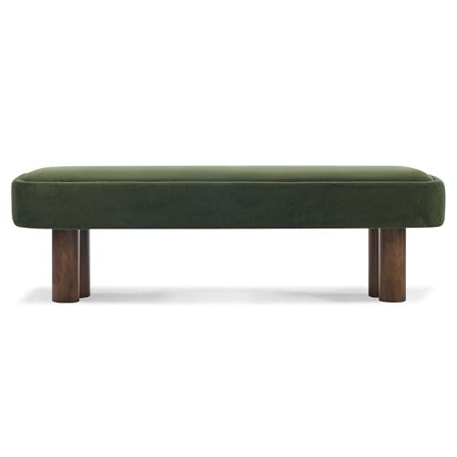 60.04" Green Upholstered Dining Bench with Walnut-Finished Rubberwood Legs – Fabric Seating Bench for Kitchen, Dining Room, Living Space, Supports 250 lbs