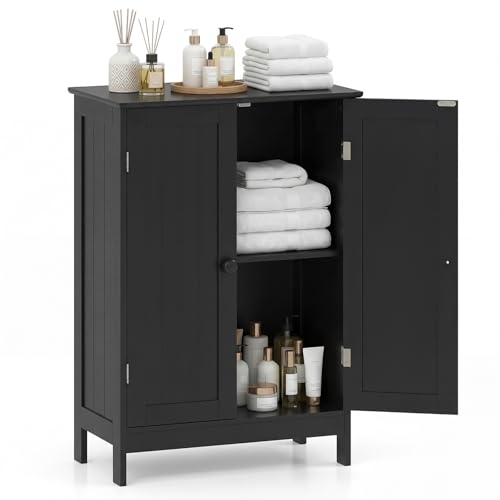 Bathroom Storage Cabinet, Freestanding Wooden Floor Cabinet with Double Doors, Adjustable Shelf, Modern Storage Organizers for Kitchen, Living Room, Entryway (Black)