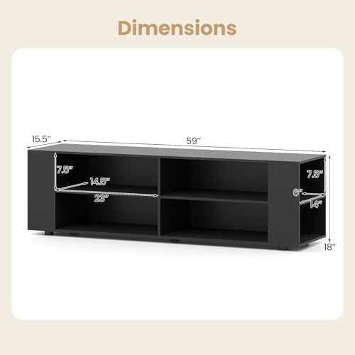 Wood TV Stand for TVs up to 65 Inch Flat Screen, Modern Entertainment Center with 8 Open Shelves, Universal TV Storage Cabinet for Living Room Bedroom, TV Console Table (Pure-Black)