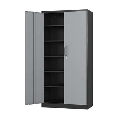 Metal Cabinet Steel Storage Cabinet - 71” Tall File Cabinets with Lockable Doors and 5 Adjustable Shelves Black&Gray Steel Storage Cabinets for Home, School, Office, Garage