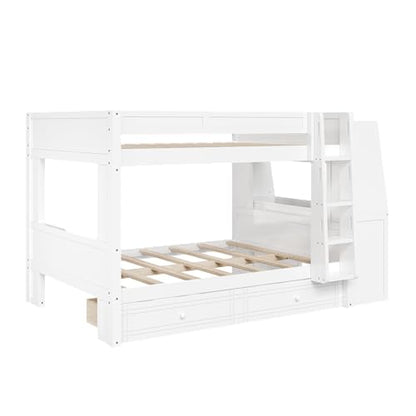 JIVOIT Full Size Bunk Bed, Multifunctional Wood Bunk Bed Frame with Desk and Bookshelves, Drawers, Space-Saving Design, Wooden Slats Support, No Box Spring Needed (White,Full-43)
