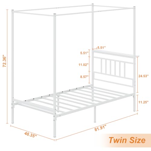 Twin Canopy Bed Frame with Storage Headboard Minimalist Style 4 Posters Bed, view 3