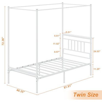 Twin Canopy Bed Frame with Storage Headboard Minimalist Style 4 Posters Bed, view 3