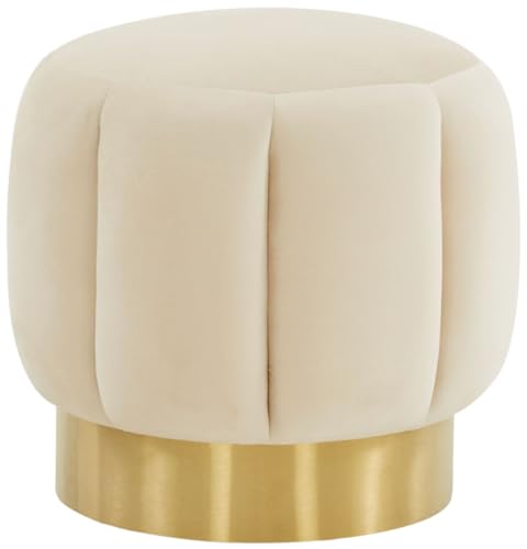 SAFAVIEH Couture Collection Maxine Glam Cream Velvet/Gold Channel Tufted Upholstered Round Ottoman for Living Room Bedroom Vanity Foot Stool (Fully Assembled)