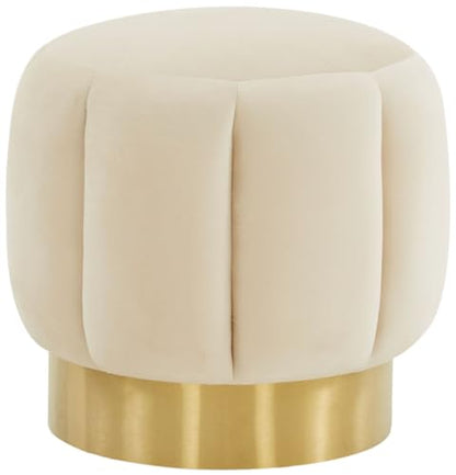 SAFAVIEH Couture Collection Maxine Glam Cream Velvet/Gold Channel Tufted Upholstered Round Ottoman for Living Room Bedroom Vanity Foot Stool (Fully Assembled)