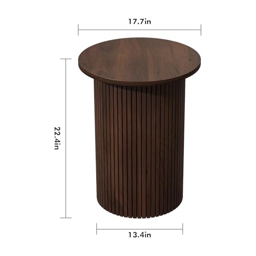 Round Fluted End Table, Small Accent Pedestal Side Table, Wood Fluted Nightstand Bedside Table for Living Room, Bedroom, Handcrafted Finish, Brown